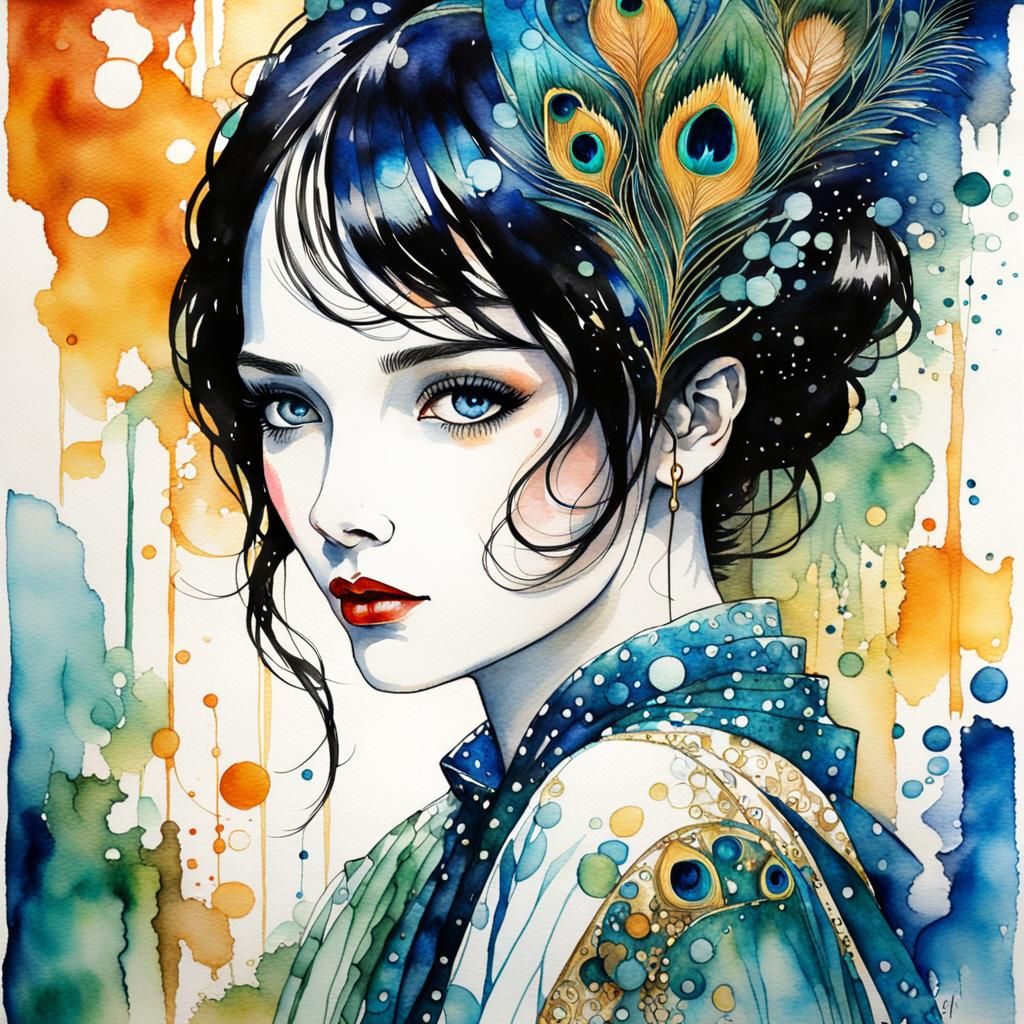 Watercolor Portrait of Dark-Haired Princess in Art Nouveau S...