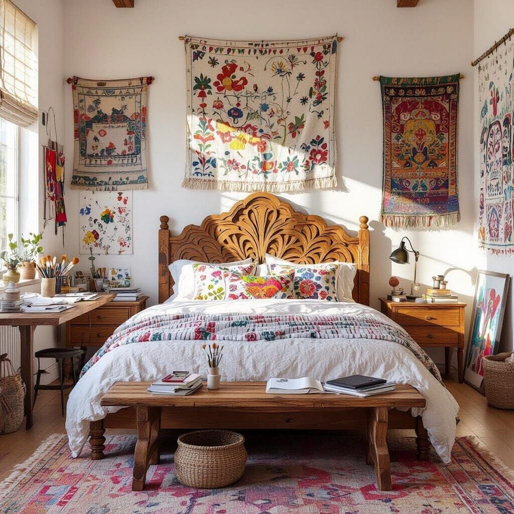 Eclectic Artist's Bedroom with Gallery Walls