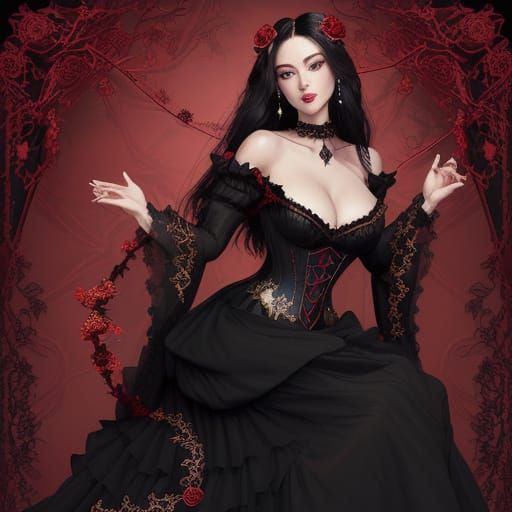 Goddess in Crimson Dress with Black and Gold Embroidery