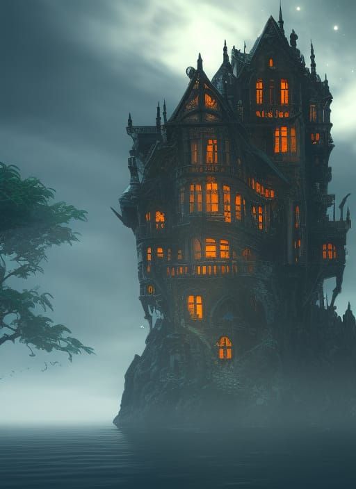 Gothic House Floating in Space: Detailed Matte Painting