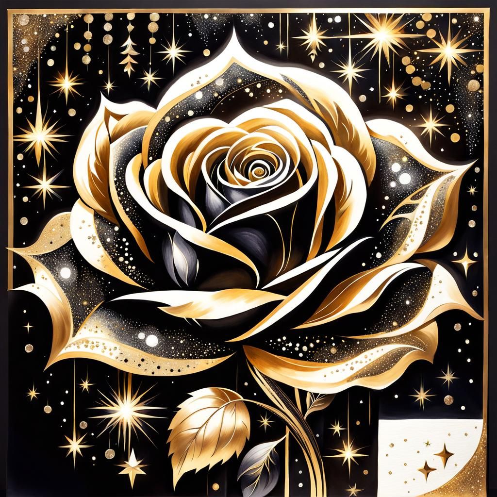 Elegant Black Rose with Gold Sparkles Watercolor Painting