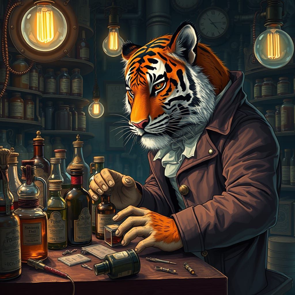 Steampunk Tiger Scientist Examines Mystical Concoctions in B...