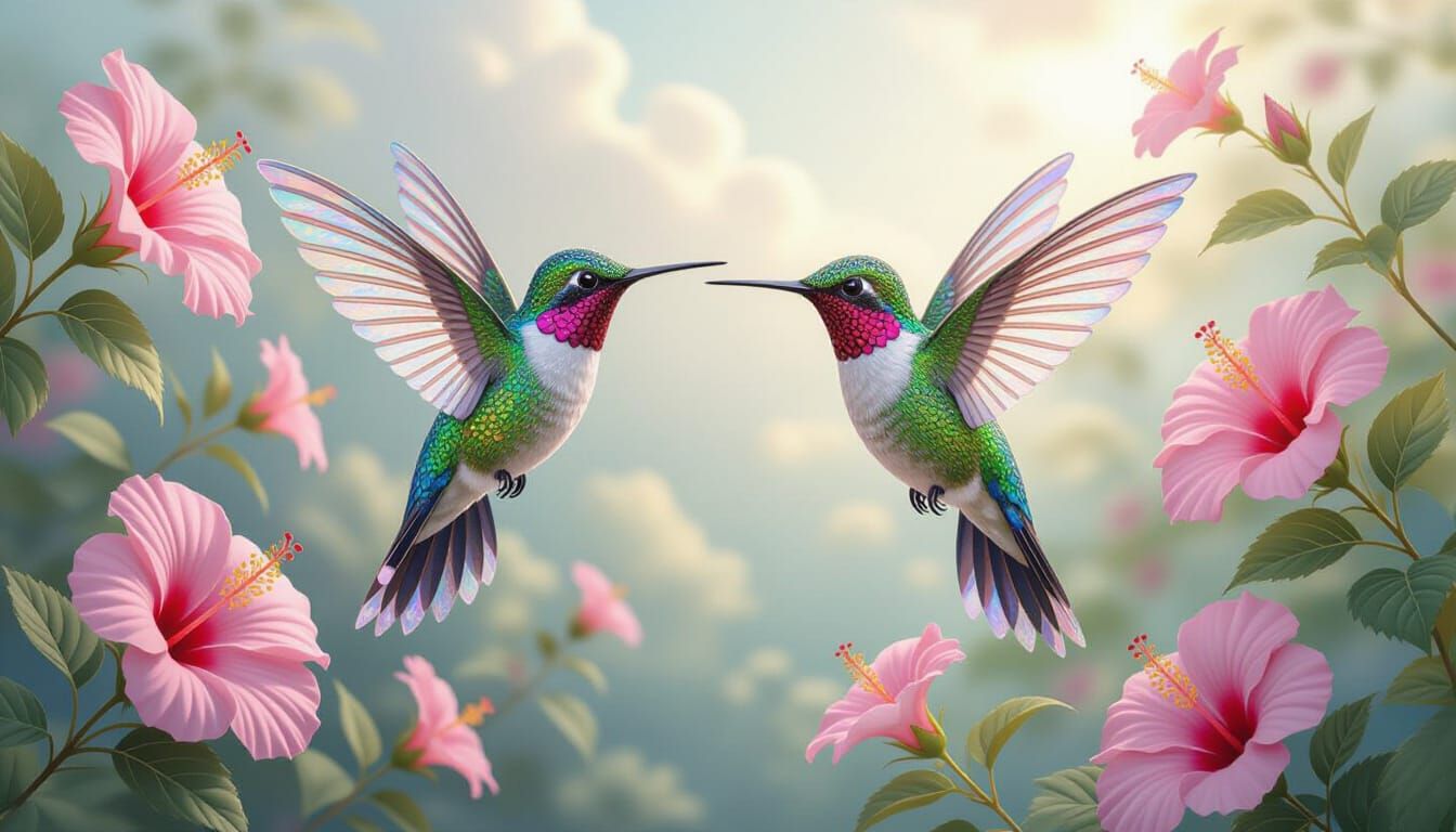 Hummingbirds of Flower and Crystal in Ethereal Dreamscape