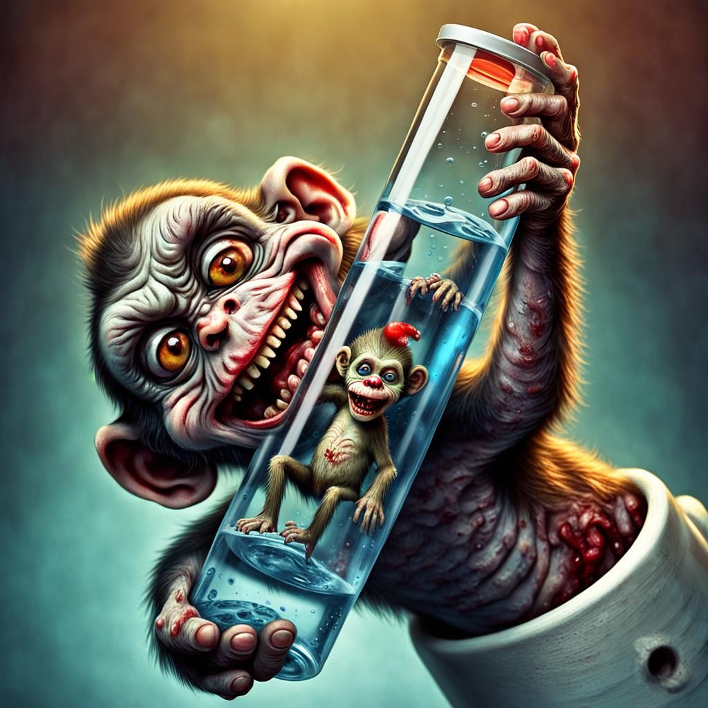 Hyperrealistic Zombie Monkey Clown Fetus in Test Tube