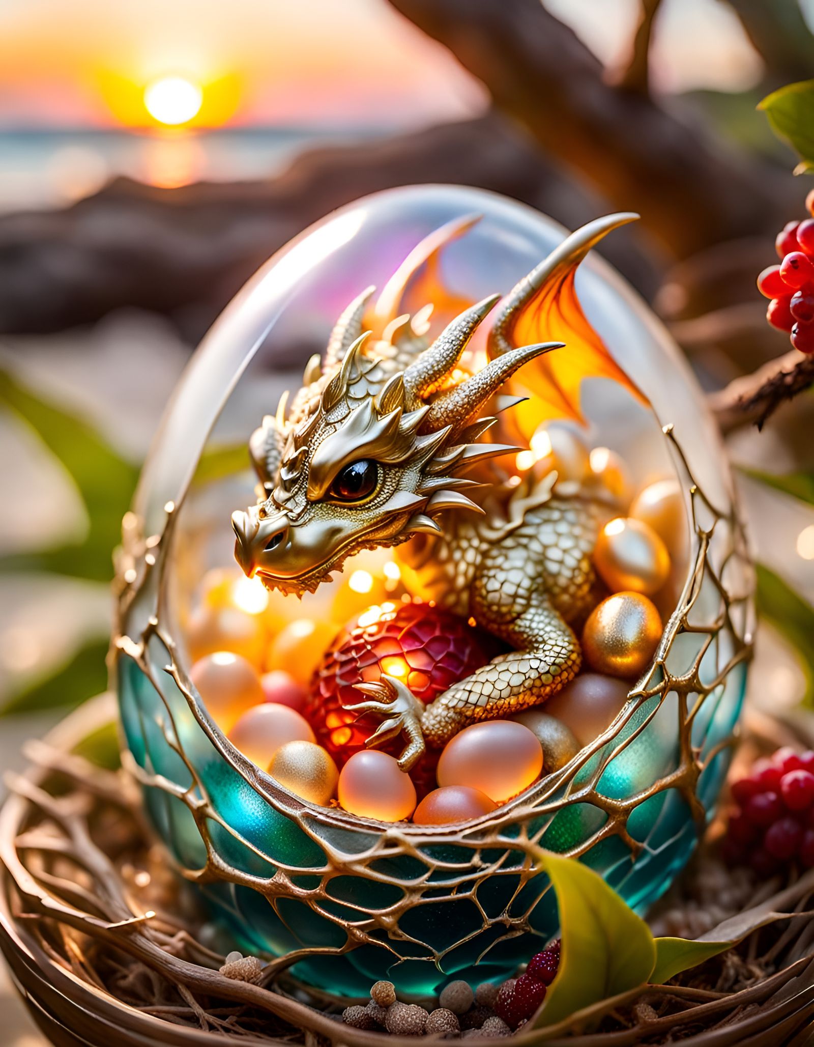 Sleeping Baby Dragon in Glass Egg, Tropical Sunset