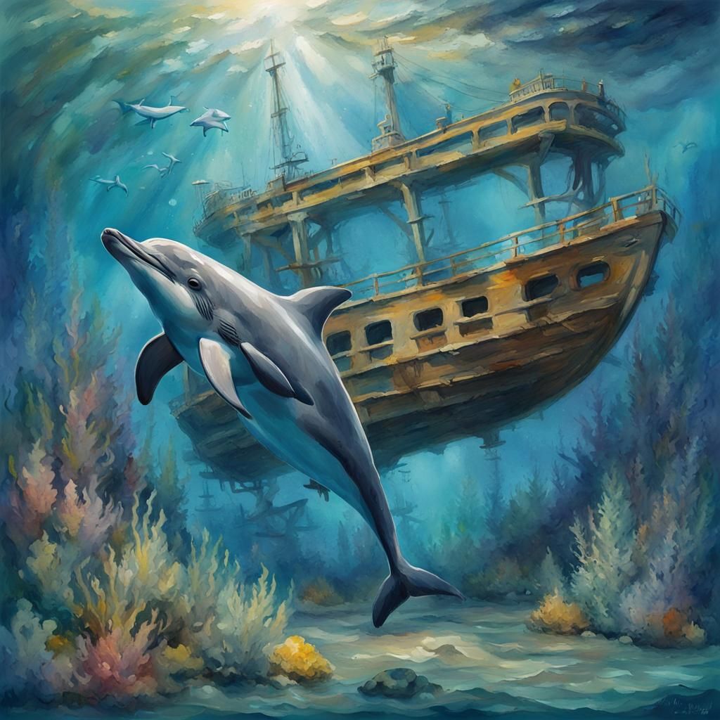 Underwater Dolphin and Ship in Gouache Watercolor