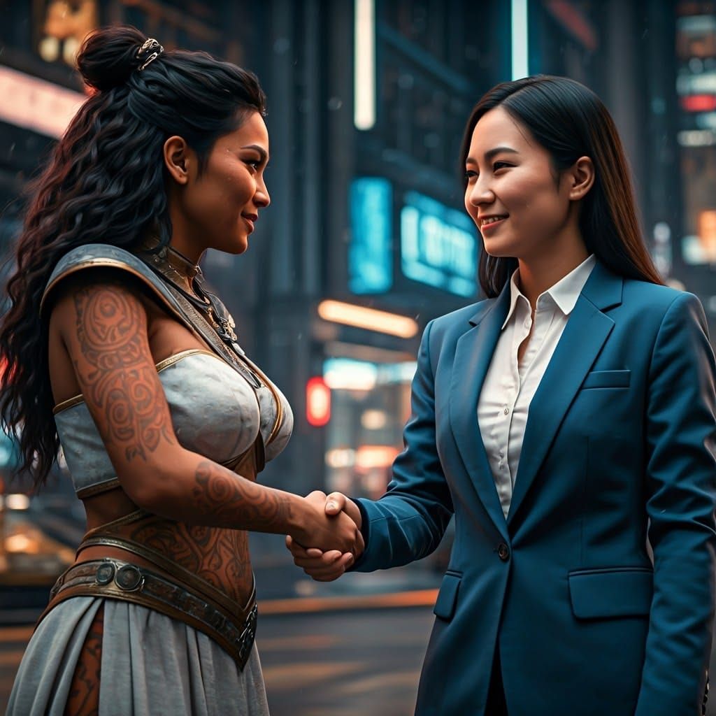 Polynesian Sorceress Shakes Hands in Cyberpunk City