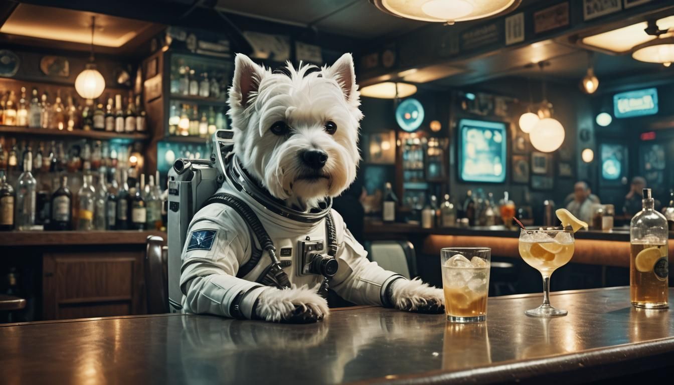 Westie in Spacesuit at Bar: Cinematic Film Still