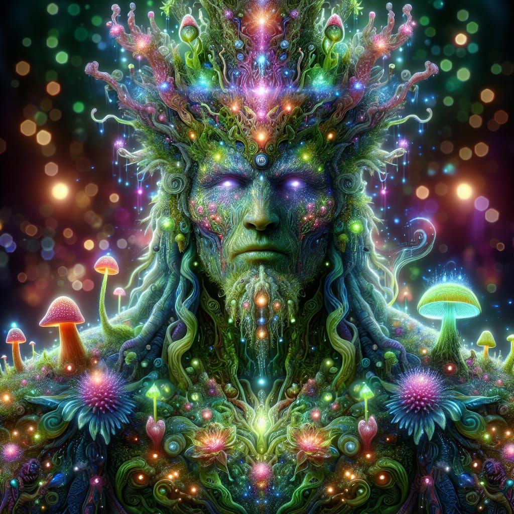 Regal Humanoid in Psychedelic Forest with Bioluminescent Lif...