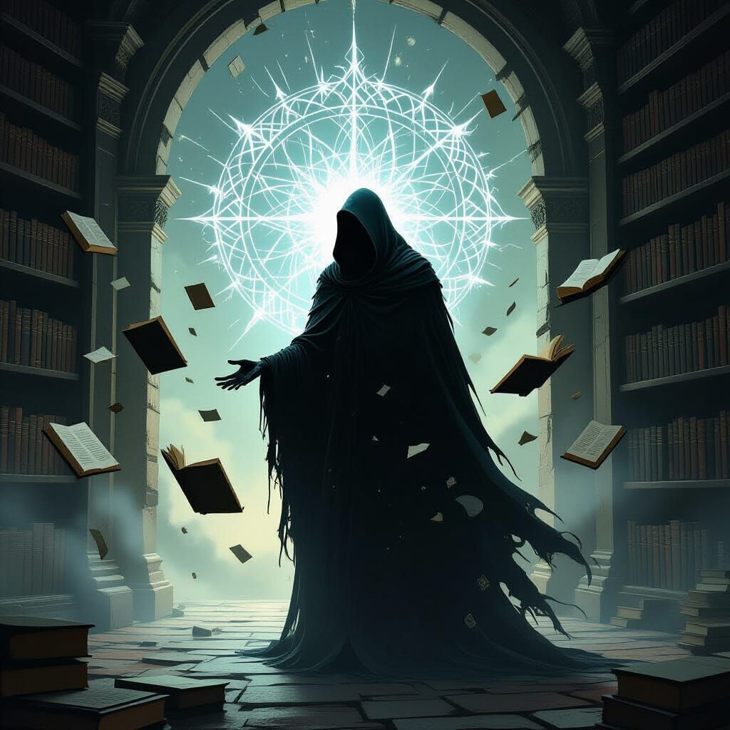 Cloaked Figure and Portal in Gothic Library