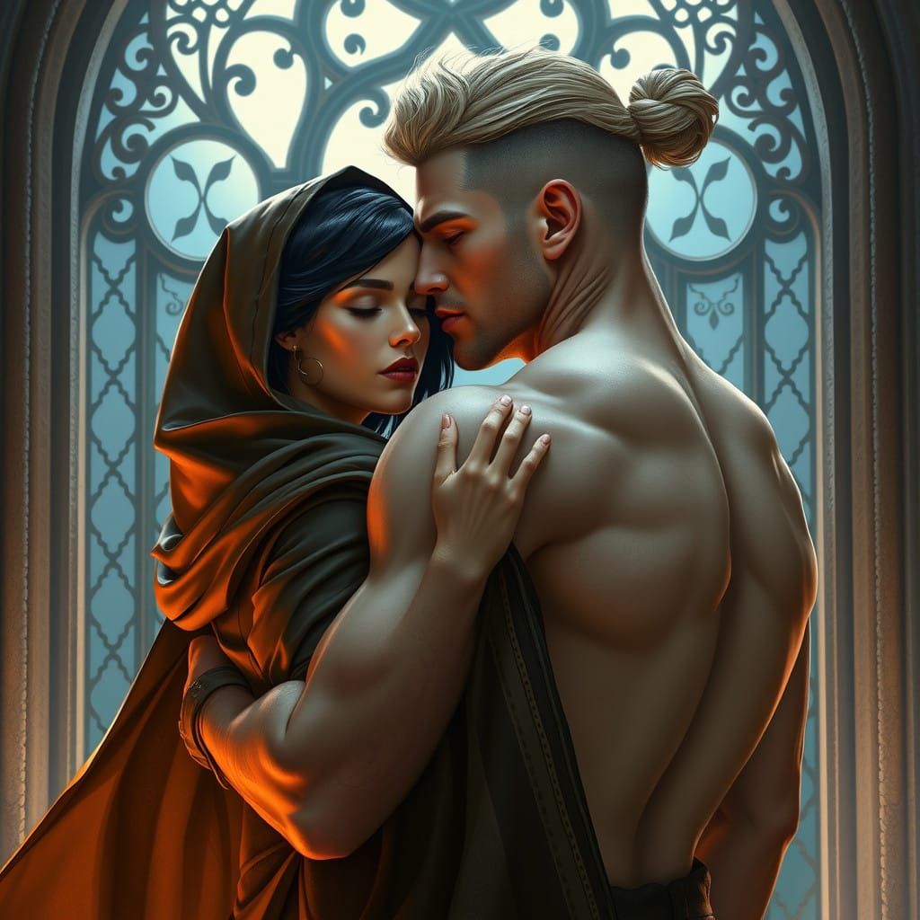 Fantasy Couple Embraced by Moonlight in Intricate, High-Fant...