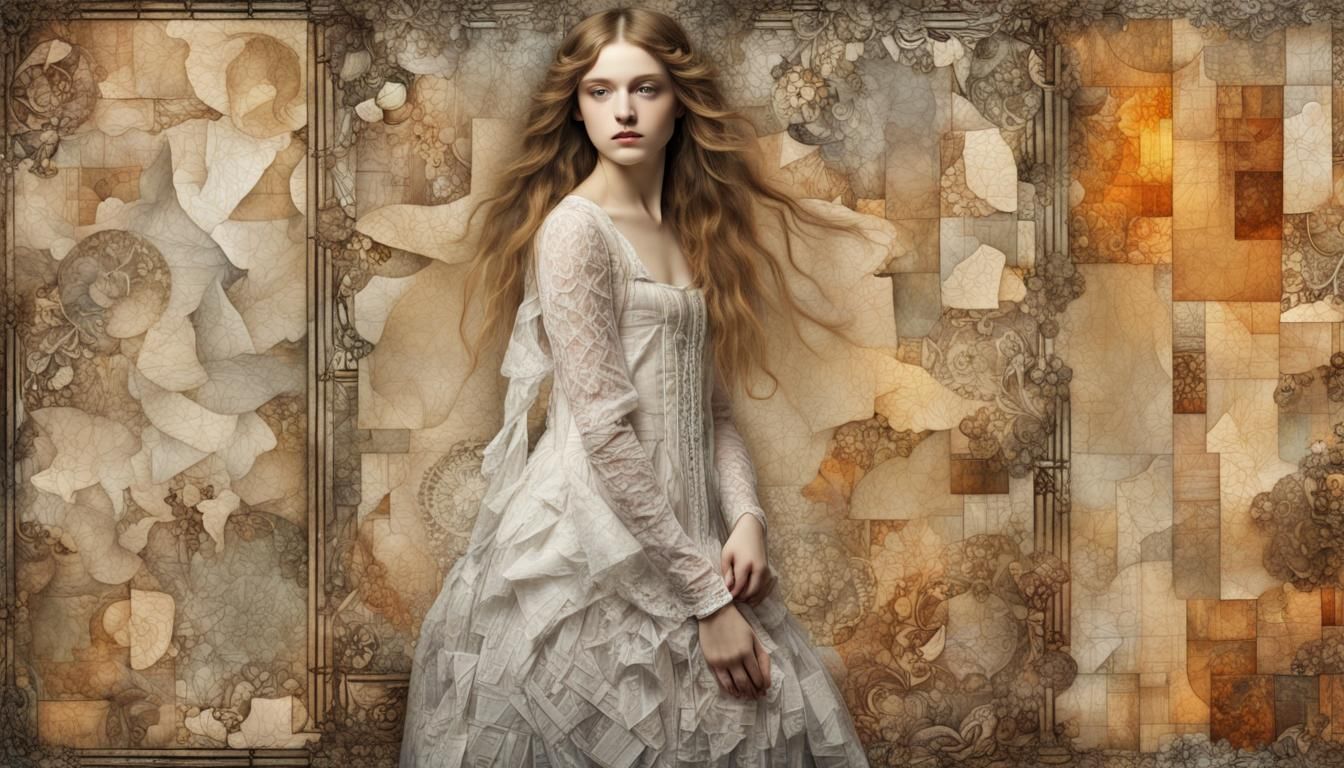 Slavic Princess in Lace Dress, Mixed Media Art