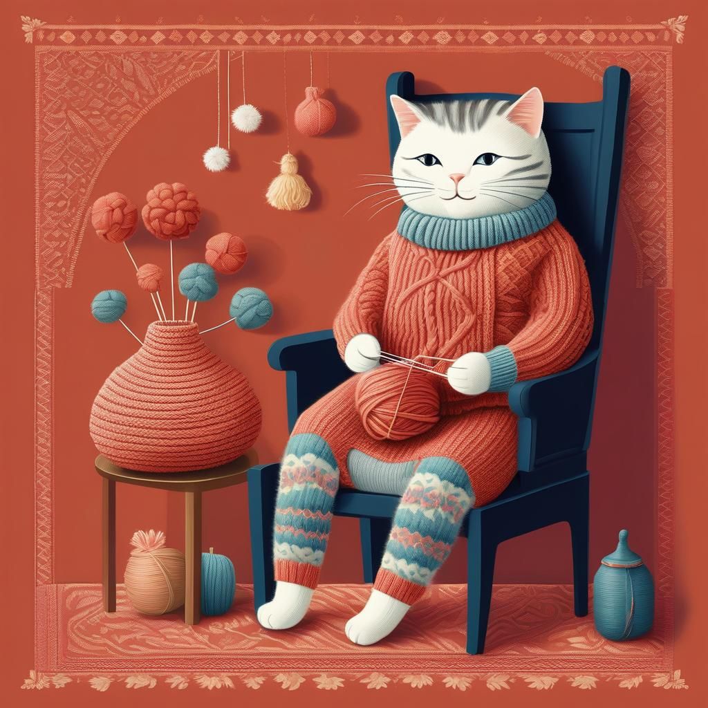 Anthropomorphic Cat Knitting: Folk Art Illustration