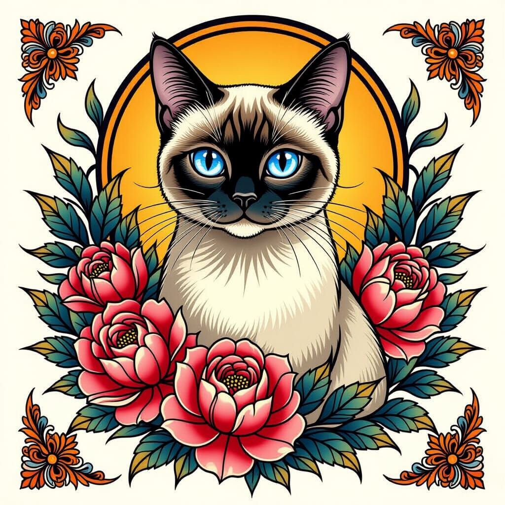 Siamese Cat Tattoo Portrait with Roses and Peonies