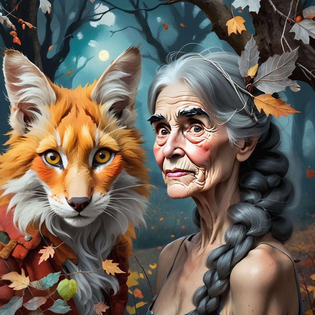 Whimsical Grandma with Bushy Eyebrows in Autumn