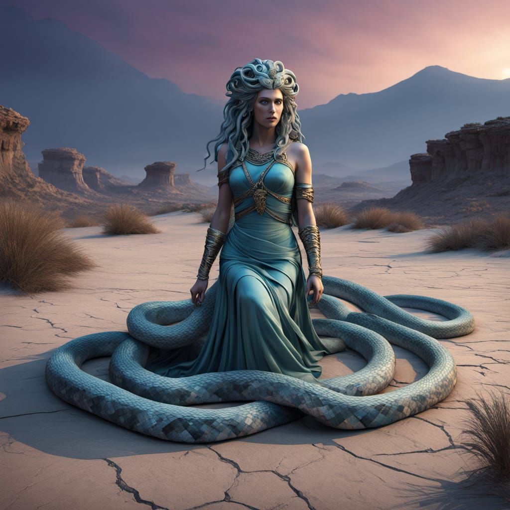 Ethereal Gorgon Medusa in Ancient Greek Desert Landscape