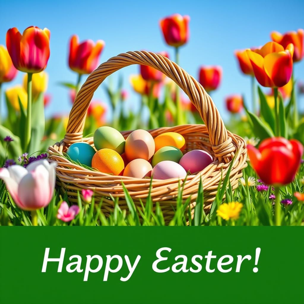 Vibrant Easter Scene with Tulips and Woven Basket