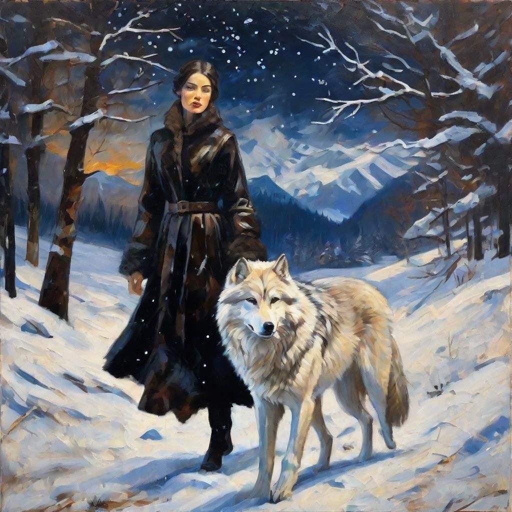 Brunette and Wolf Wander Alps in Vintage Oil Painting