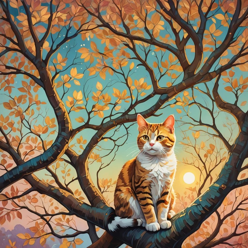 Whimsical Cat in Tree Illustration