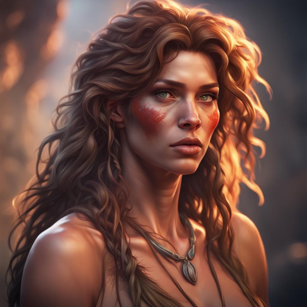 Detailed Cavewoman Portrait in Art Nouveau Style