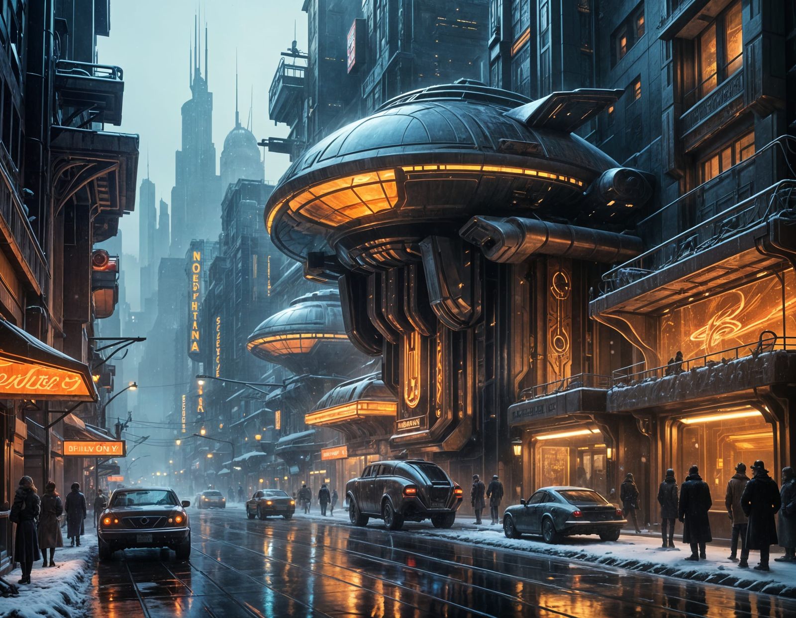 Snow-Covered Art Deco Cityscape at Dawn