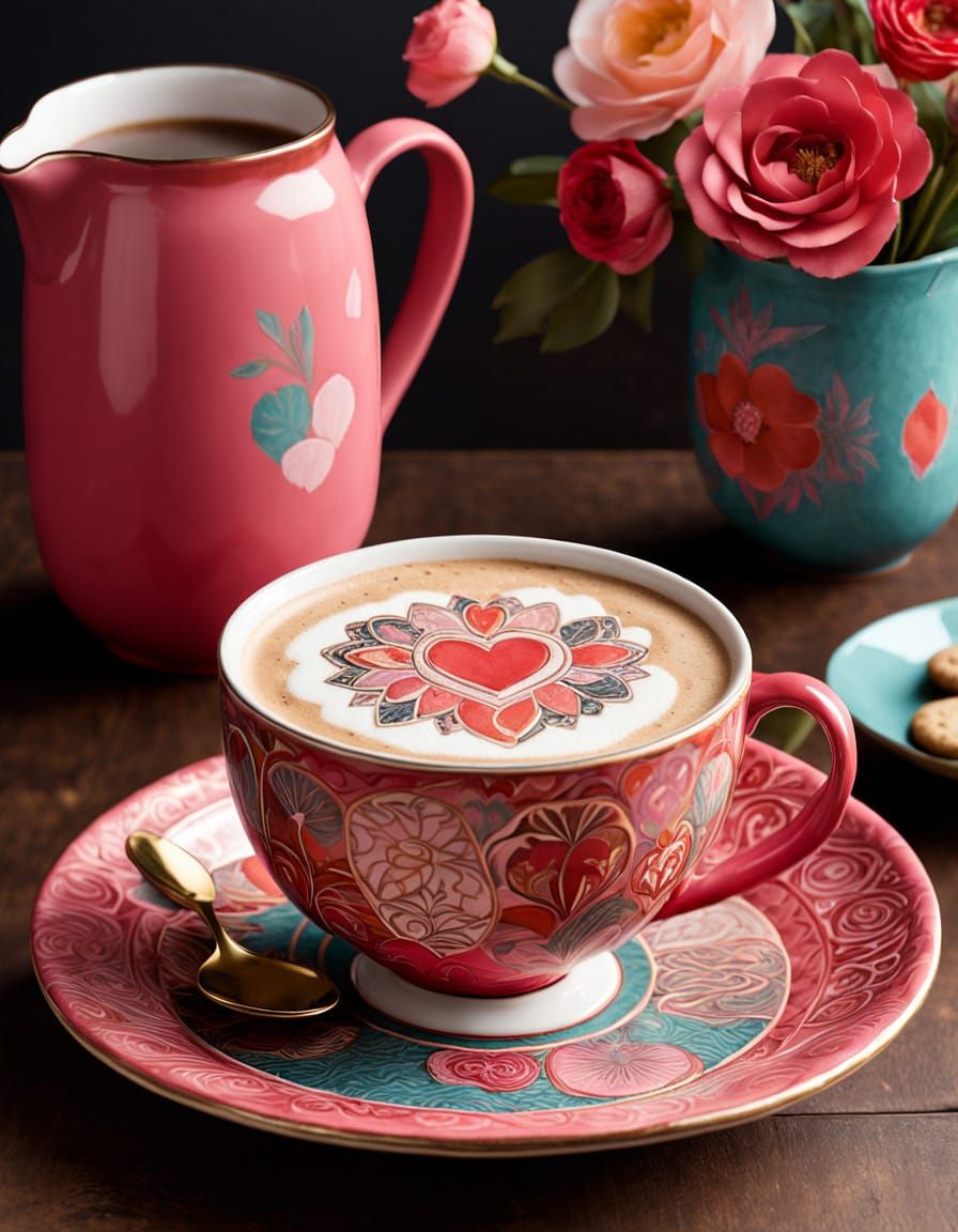 Vibrant Valentine's Day Ceramic Cup in Folk Art Style