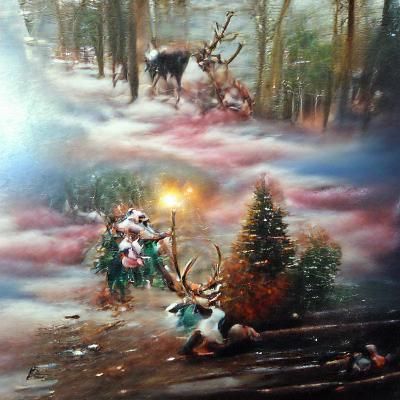 Reindeer Attack in Christmas Forest, Kinkade Style