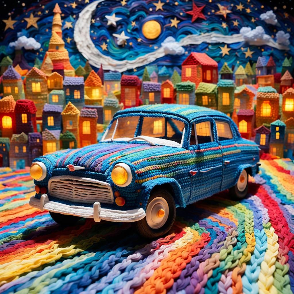 Magical Impasto Paper Car in Starry Night Sky
