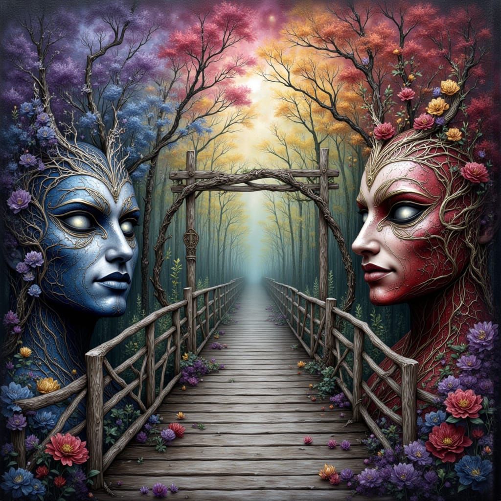 Trompe L'oeil Chalk Mural: Mystical Bridge to Masked World