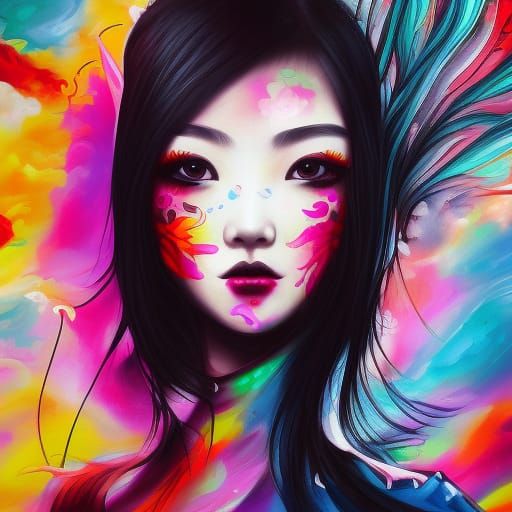 Chinese Woman in Graffiti Art with Flowers