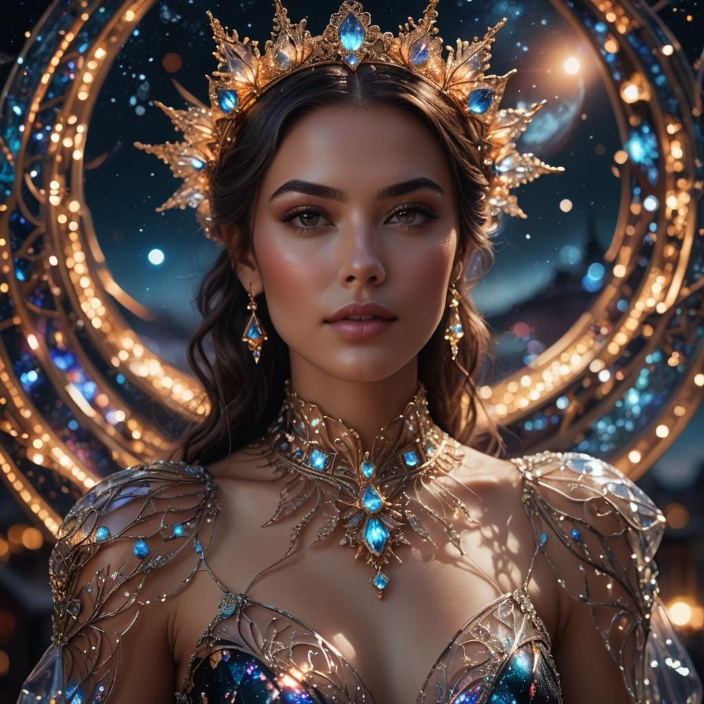 Woman in Glass Dress Against Night Sky