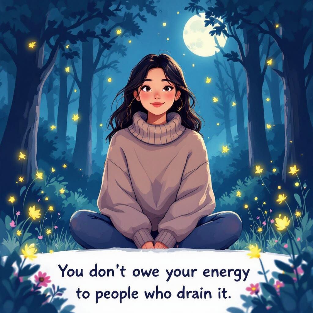 Woman in Moonlit Forest with Fireflies, Whimsical Style