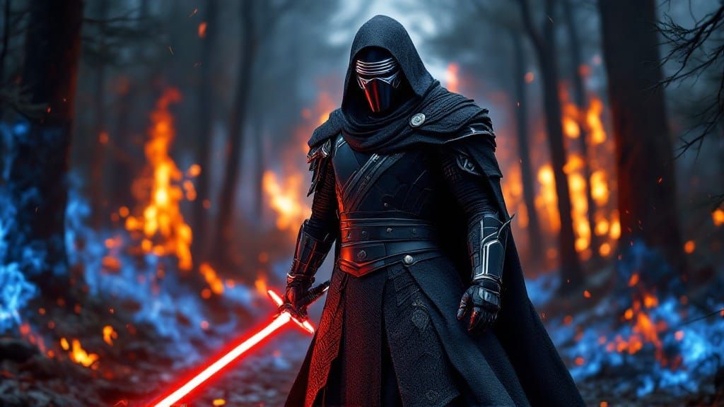 Cyborg Knight in Fiery Landscape