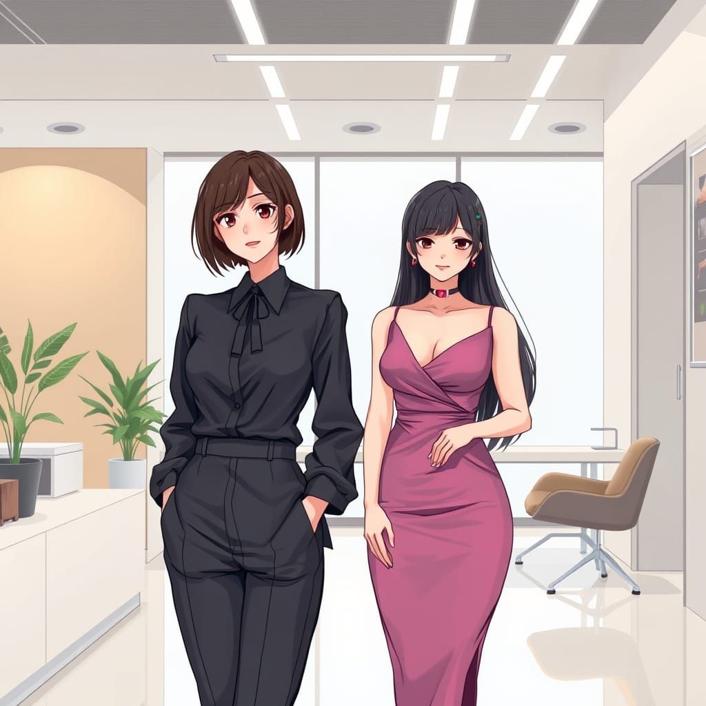 Japanese Women in Office, Digital Painting Style