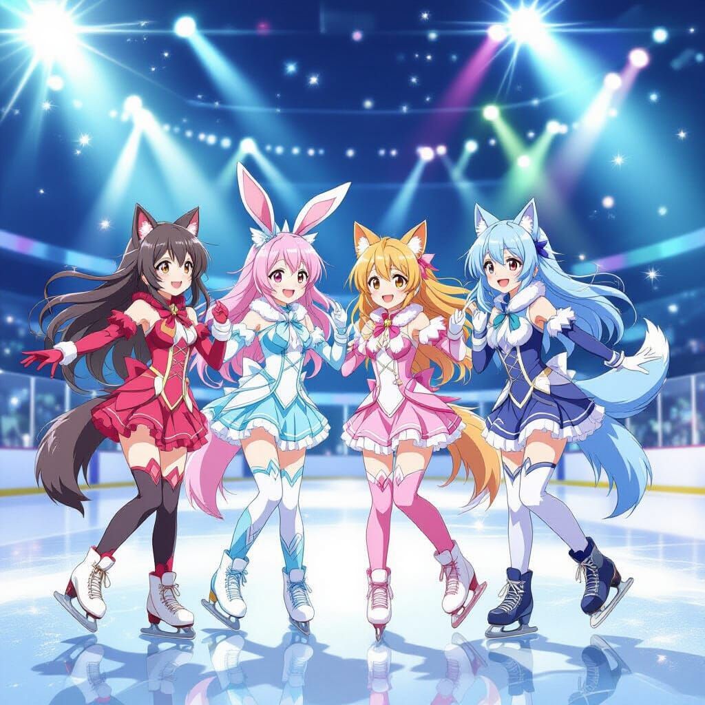 Anime Friends Ice Skating in Vibrant Costumes