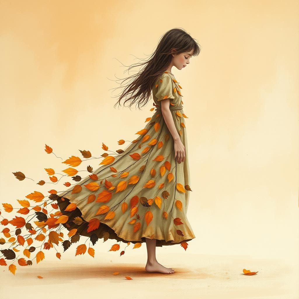 Autumn Leaf Dress: Gouache Painting of a Girl