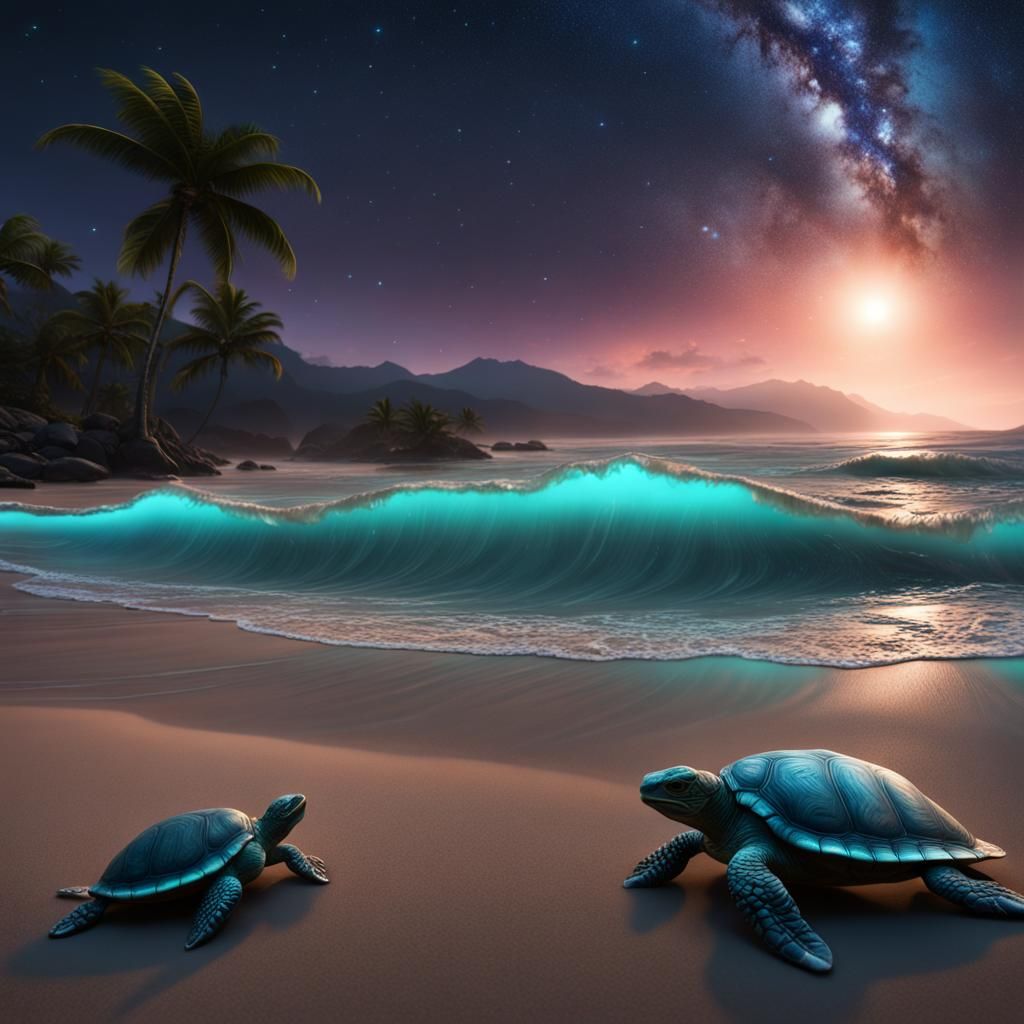 Bioluminescent Beach with Turtle, Detailed Matte Painting