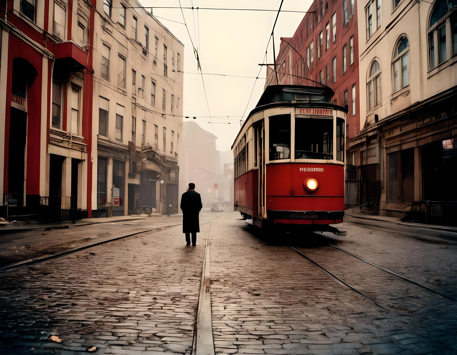 Nostalgic Polaroid of Lone Figure in Foggy Town
