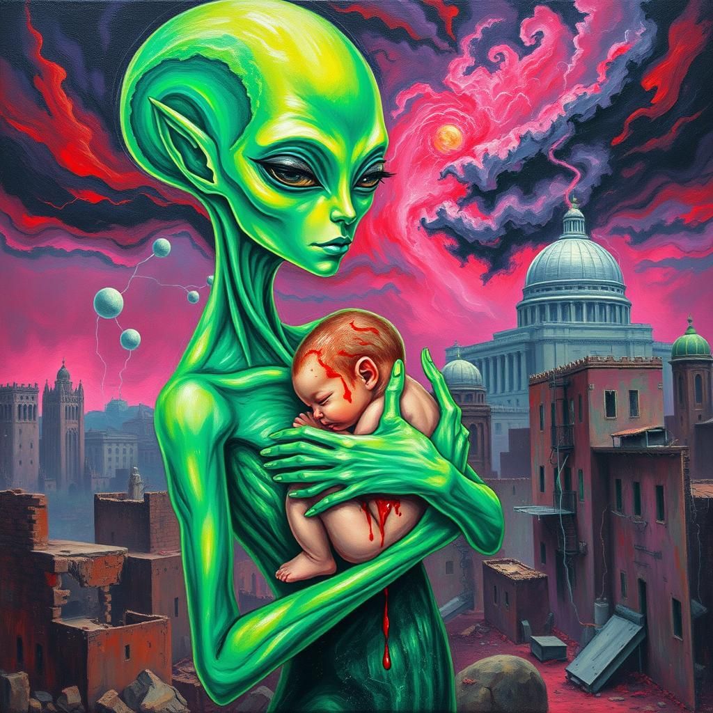 Ethereal Alien Mother with Human Child in Destroyed City