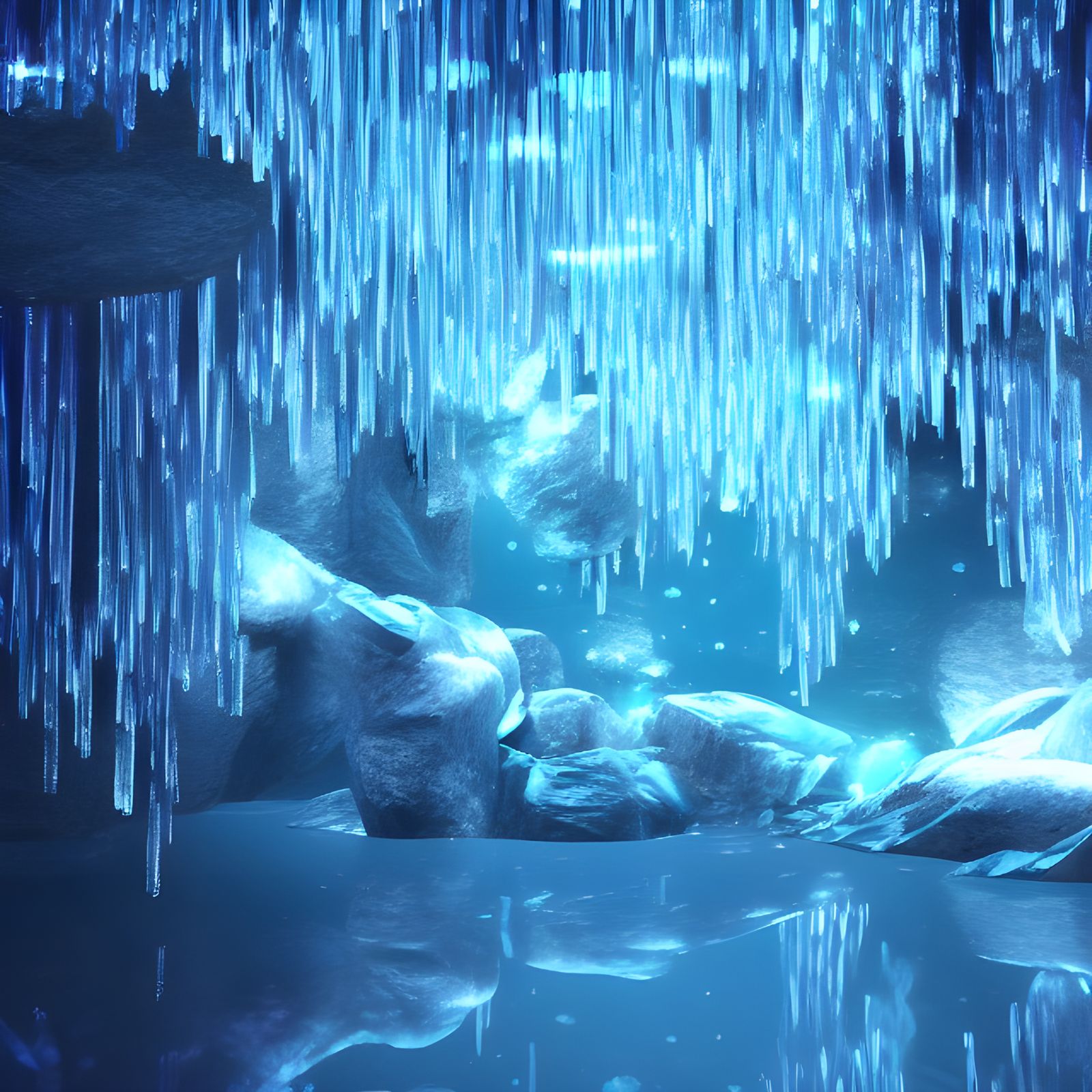 Sapphire River Flows Through Crystalline City in Anime Style