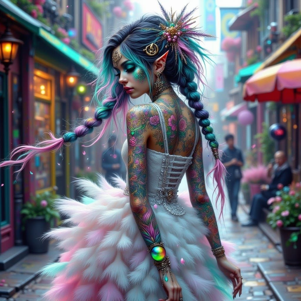 Iridescent Fairy Punk Goddess Strolls Urban Streets