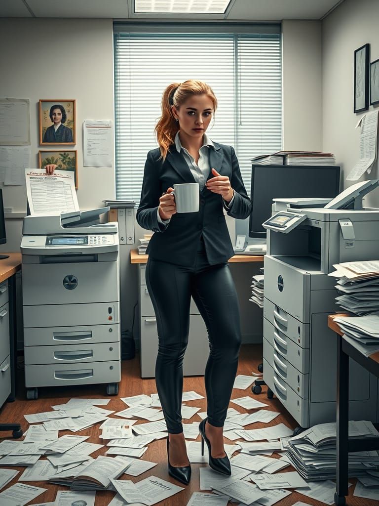 Frustrated Woman in Office with Jammed Photocopy Machine