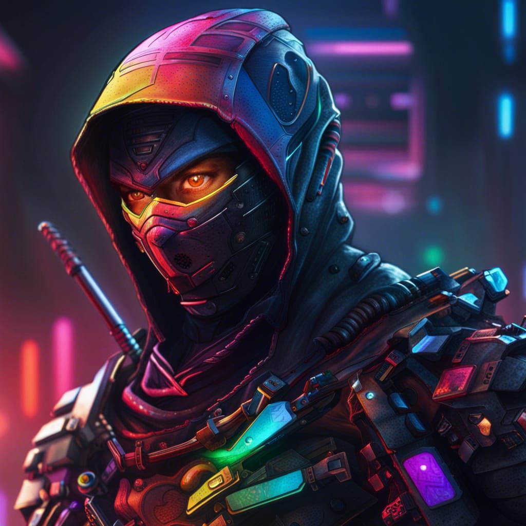 Hyperrealistic Cyber Ninja on Computer in Splash Art Style