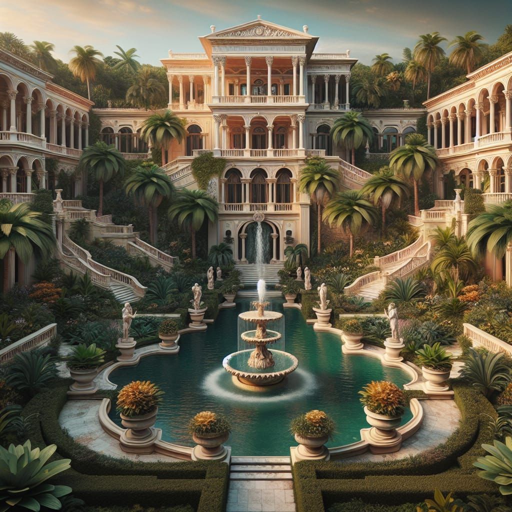 an astonishing neoclassical Mediterranean mansion, over looking a courtyard lush with tropical plants and a impressive w...