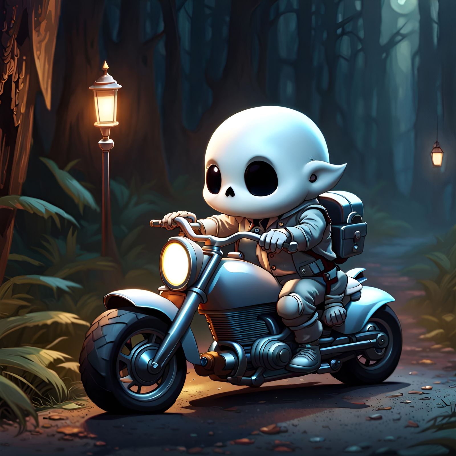 Chibi Ghost on Motorcycle: Dark Fantasy Art