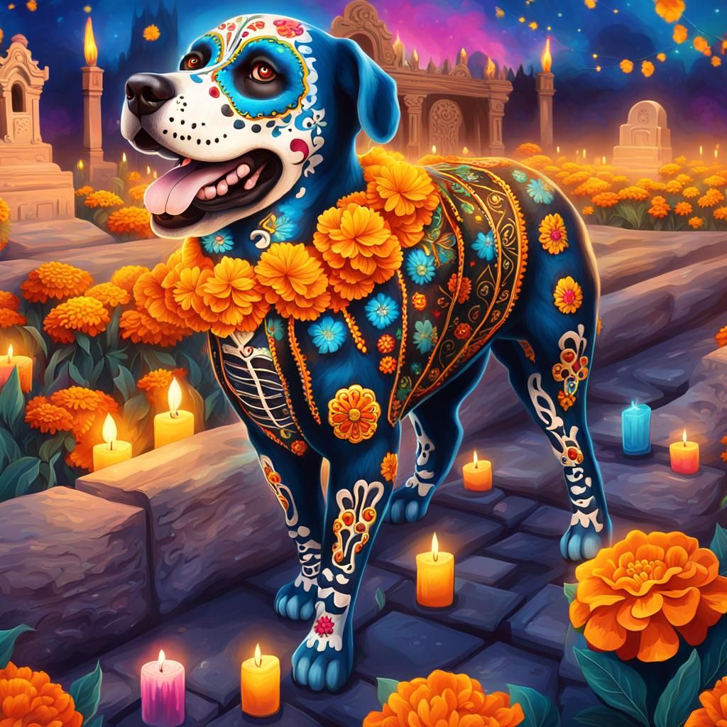 Vibrant Dia de Muertos Dog in Sugar Skull Costume