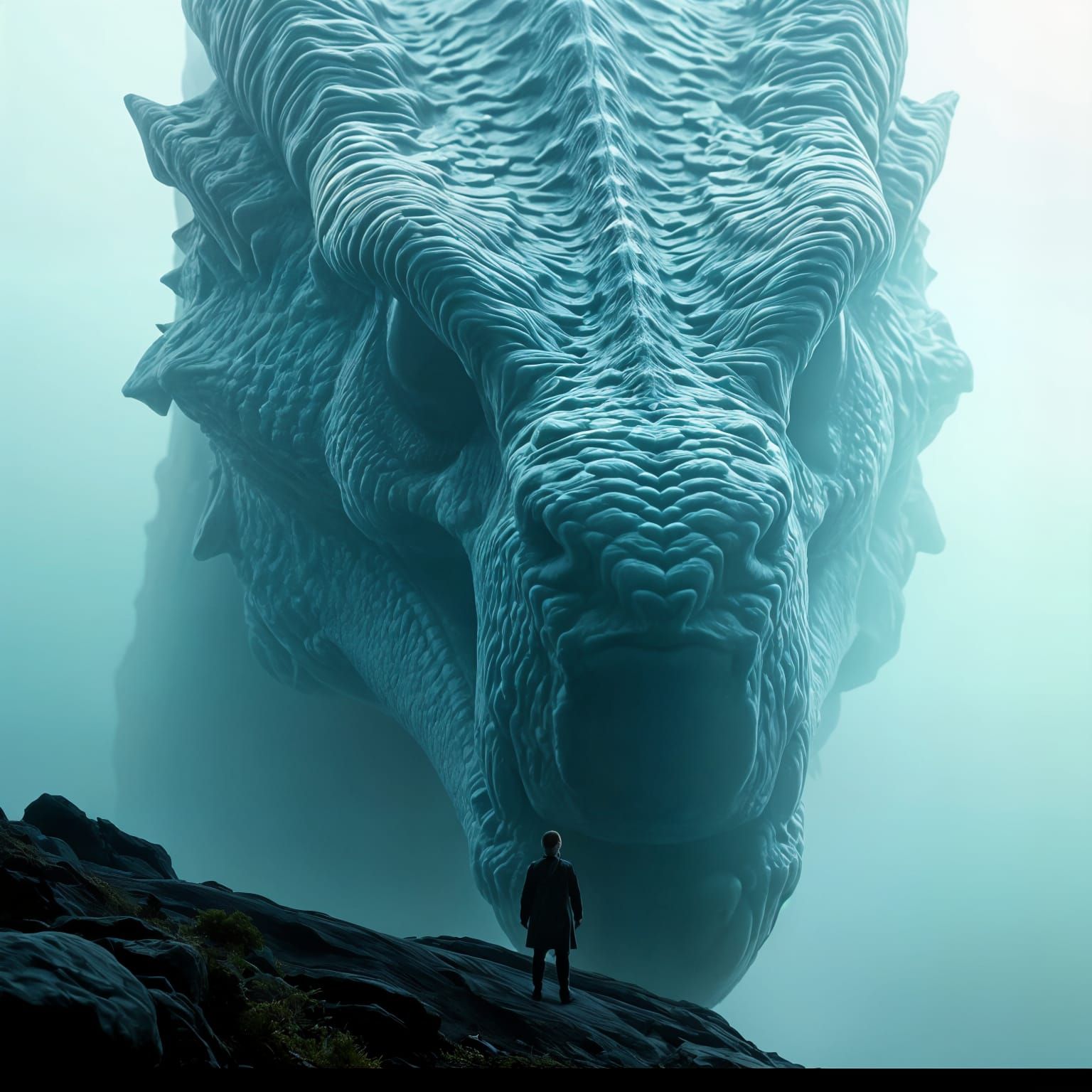 Massive Dragon Emerges From Fog To Gaze At Human
