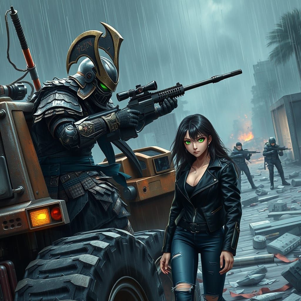 Cyberpunk Samurai Warlord in Post-Apocalyptic Park Battle