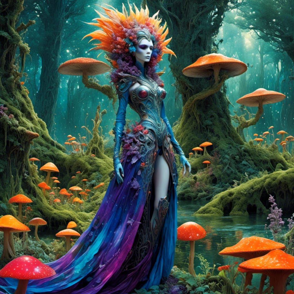 Alien Plant Queen in Surreal Forest: Digital Painting