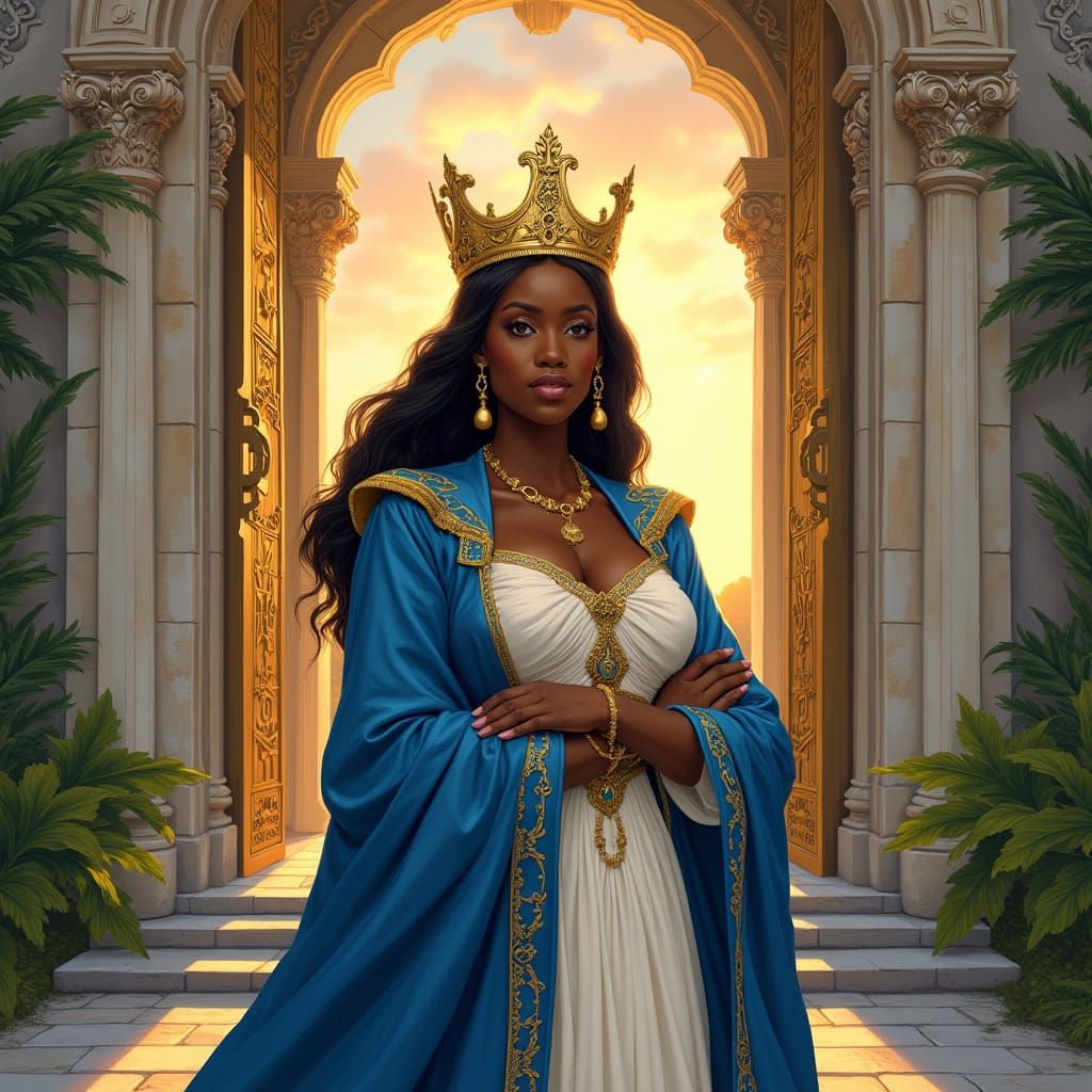 Regal Black Queen at Palace Gates in Art Deco Style